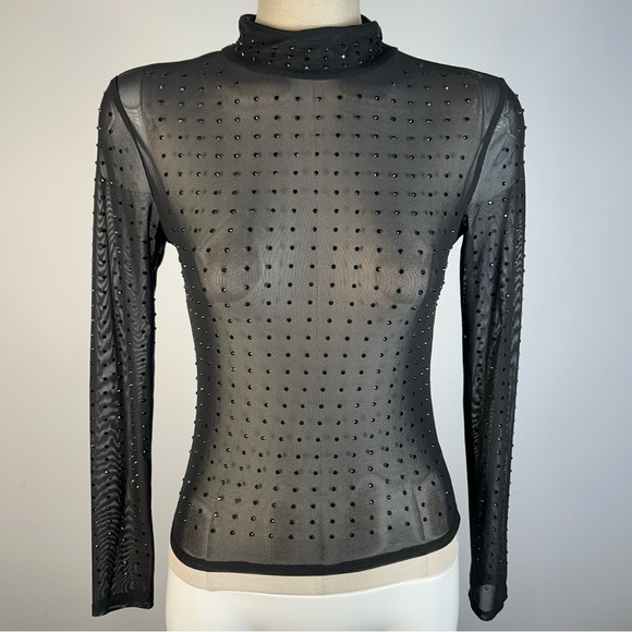 antistar Tops - Antistar Chic Black Sheer Gothic Studded Women's Mockneck Blouse S
